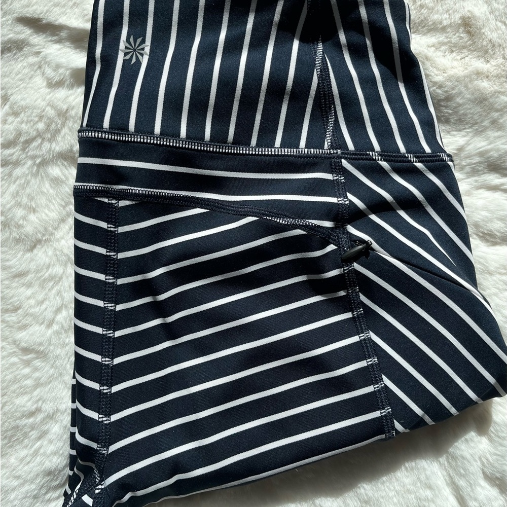Athleta Striped Navy & White Leggings with zip close pockets, womens Small- Tall
